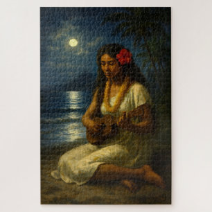Retro Hawaiaans Meisje & Ukulele Op Een Maanverlic Legpuzzel