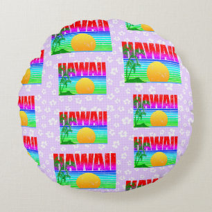 Retro Hawaii Sunset Beach Paars Hibiscus Rond Kussen
