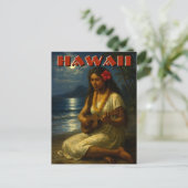 Retro Hawaiian Girl & Ukulele At Moonlit Beach Briefkaart (Staand voorkant)