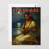 Retro Hawaiian Girl & Ukulele At Moonlit Beach Briefkaart (Voorkant / Achterkant)