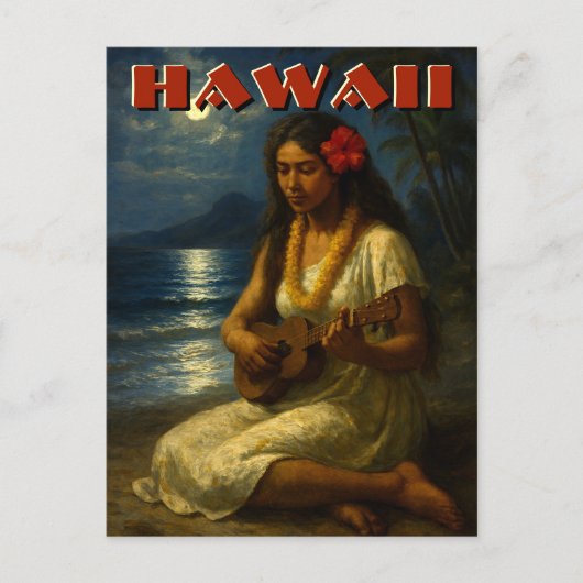 Retro Hawaiian Girl & Ukulele At Moonlit Beach Briefkaart (Voorkant)