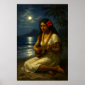 Retro Hawaiian Girl & Ukulele On A Moonlit Beach Poster (Voorkant)