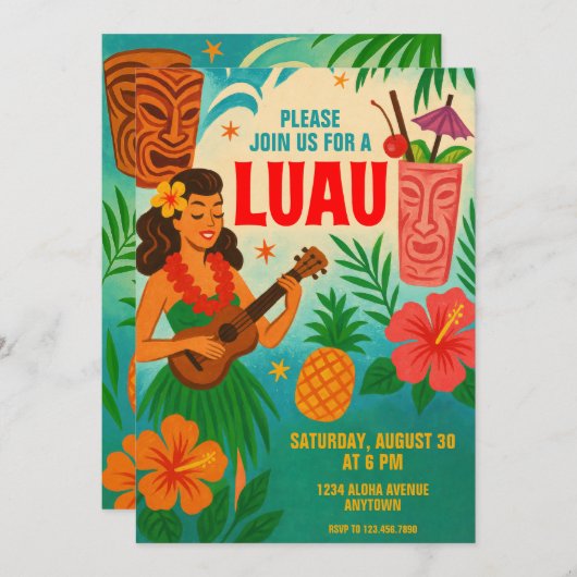 Retro Hawaiian Luau Party Uitnodiging (Voorkant / Achterkant)