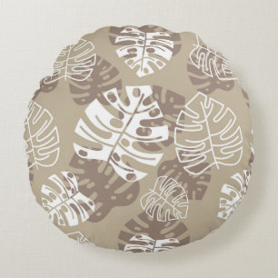Retro Hawaiian Monstera Leaf Cool Browns Rond Kussen