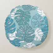 Retro Hawaiian Monstera Leaf Summer Blues Rond Kussen (Voorkant)