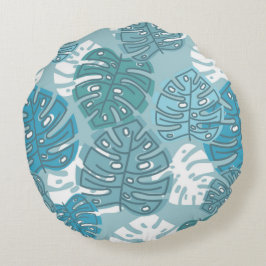 Retro Hawaiian Monstera Leaf Summer Blues Rond Kussen