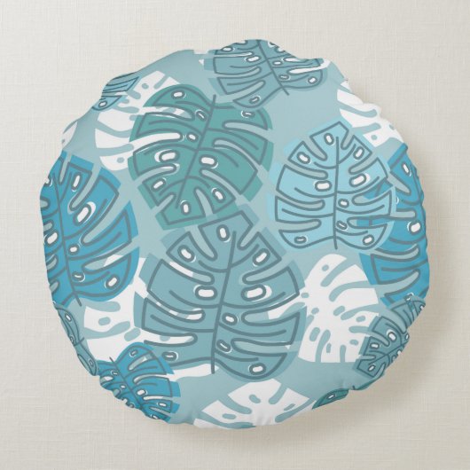 Retro Hawaiian Monstera Leaf Summer Blues Rond Kussen (Achterkant)