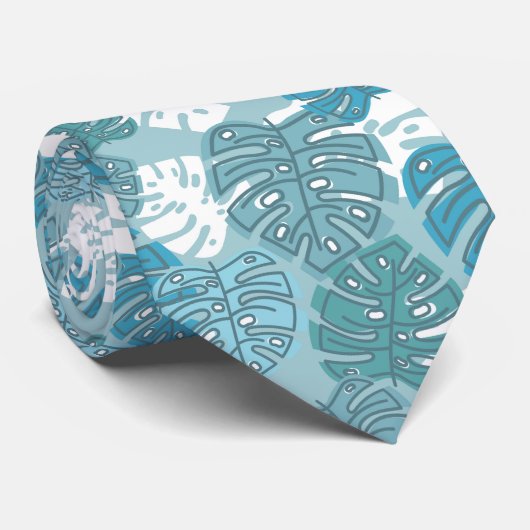 Retro Hawaiian Monstera Leaf Summer Blues Stropdas (Opgerold)