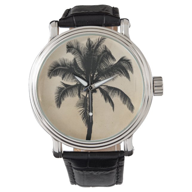 Retro Hawaiian Tropical Palm Tree Silhouette Black Horloge (Voorkant)