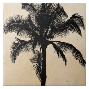 Retro Hawaiian Tropical Palm Tree Silhouette Black Tegeltje