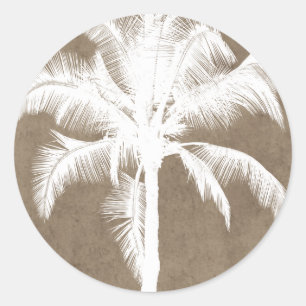 Retro Hawaiian Tropical Palm Tree Silhouette White Ronde Sticker