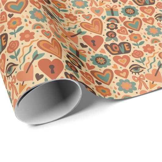 Retro Hearts 70s Love Pattern Wrapping Paper Roll Cadeaupapier (Rol Hoek)