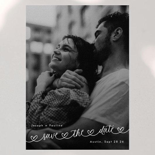 Retro Hearts Black White Photo Modern Wedding Save The Date