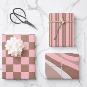 Retro Hedendaagse Mocha Bruine en Roze Patronen Inpakpapier Vel