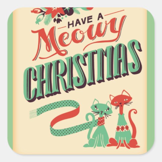 Retro heeft een Meowy Kerstkat Vierkante Sticker (Voorkant)
