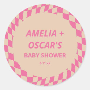 Retro Heet Roze Abstract Dambord Aangepaste Baby S Ronde Sticker