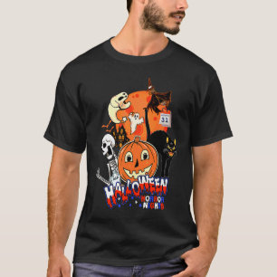 Retro Heks Geest Pompoen Zwarte Kat Skelet Halfees T-shirt