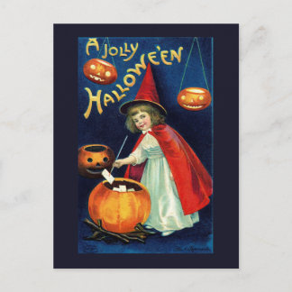 Retro heks meisje pompoen Halloween ansichtkaart Briefkaart