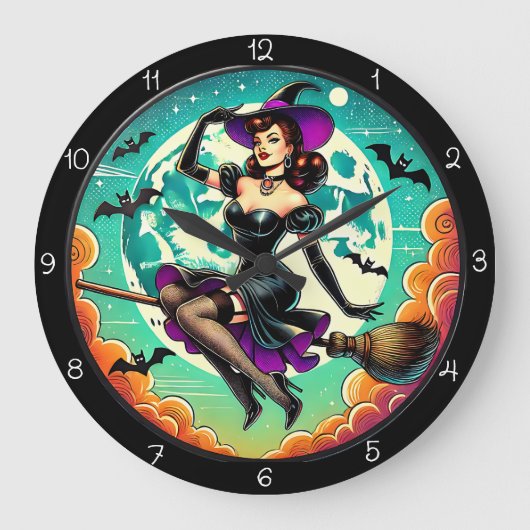 Retro heks op bezem grote klok (Voorkant)