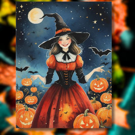 Retro heks uit de jaren 40 met Halloween Briefkaart