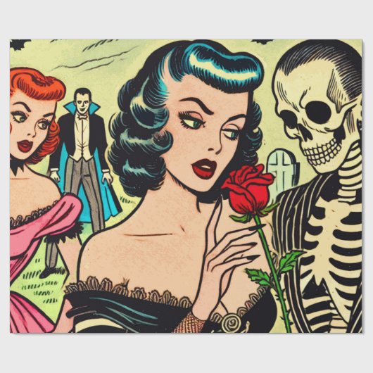 Retro Heks Vampier Meisje Horror Strips Cadeaupapier (Vlak)