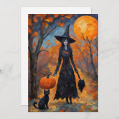 Retro Heks, Zwarte Kat en Pompoen, Halloween Feestdagenkaart (Voorkant / Achterkant)