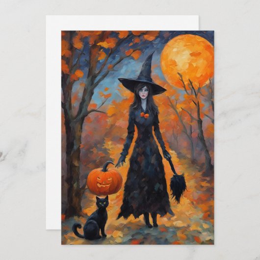 Retro Heks, Zwarte Kat en Pompoen, Halloween Feestdagenkaart (Voorkant / Achterkant)