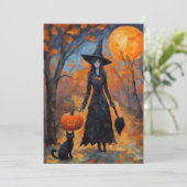 Retro Heks, Zwarte Kat en Pompoen, Halloween Feestdagenkaart (Staand voorkant)