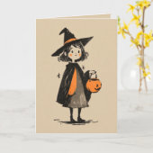 Retro Heksenillustratie Spookachtig Schattige Hall Kaart (Gele Bloem)