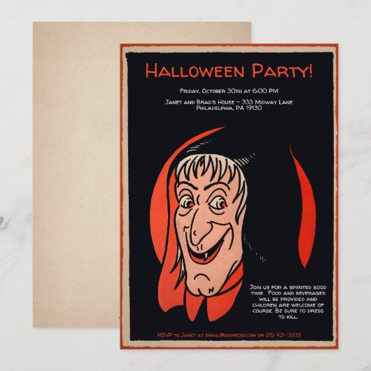 Retro  heksenuitnodiging kaart (Voorkant / Achterkant)