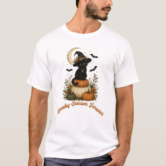 Retro Hekserige Zwarte Kat Griezelig Seizoen Altij T-shirt