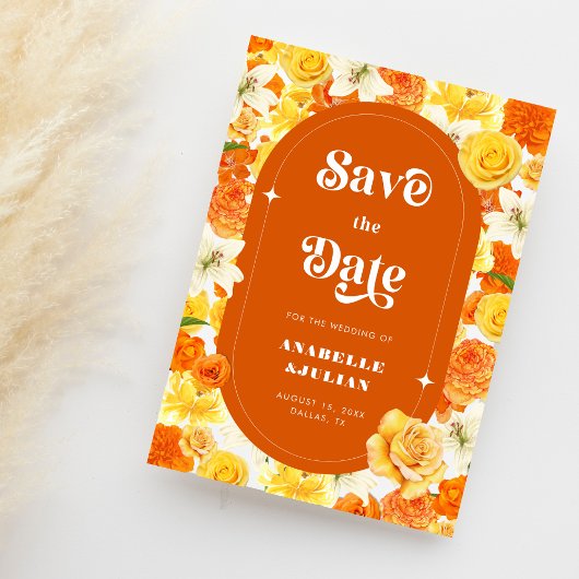 Retro Helder Geel Sinaasappel Tuin Bloemen Huwelij Save The Date