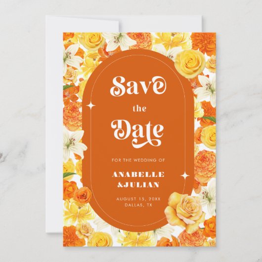 Retro Helder Geel Sinaasappel Tuin Bloemen Huwelij Save The Date (Voorkant)