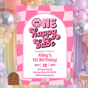 retro helder roze één gelukkige baby verjaardag kaart