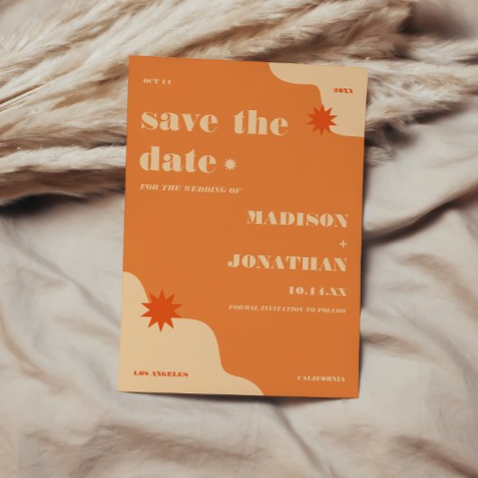 Retro Heldere & Kleurrijke Oranje Huwelijk Save The Date