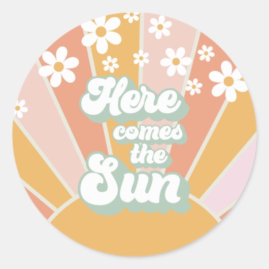 Retro Here comes the Sun Daisy boho verjaardag Ronde Sticker (Voorkant)