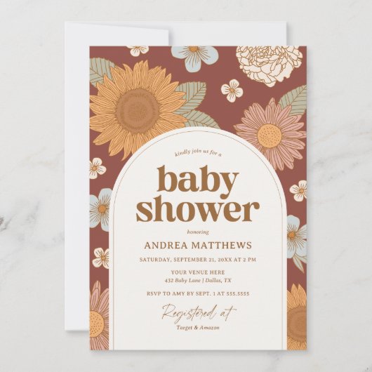 Retro Herfst Bloemen Baby shower Kaart (Voorkant)