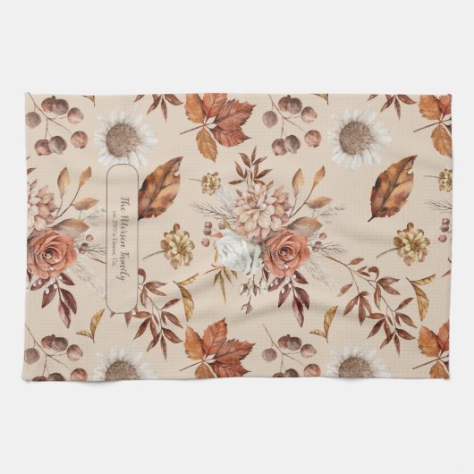 Retro herfst bloemenelegante familienaam gepersona theedoek (Horizontaal)