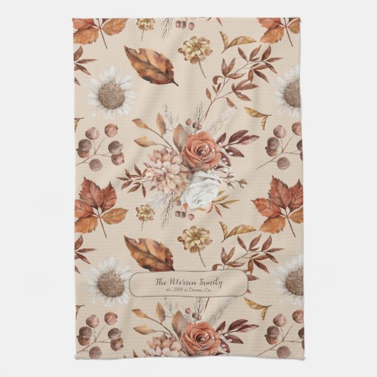 Retro herfst bloemenelegante familienaam gepersona theedoek (Verticaal)