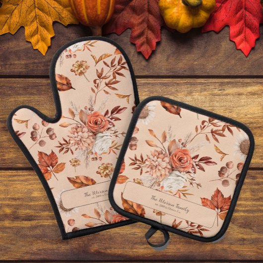 Retro herfst bloemenfamilienaam keuken gepersonali ovenwant & pannenlap set