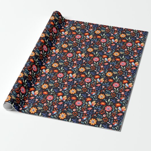 Retro Herfst Herfst Bloemen & Bessen Botanisch Cadeaupapier (Uitgerold)