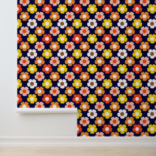 Retro Herfst Herfstbloemen Patroon Blauw Behang
