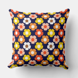 Retro Herfst Herfstbloemen Patroon Blauw Kussen