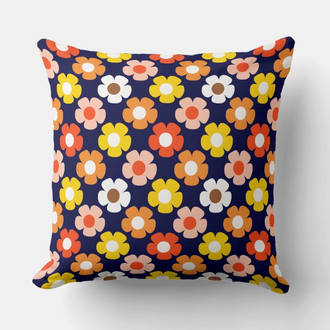 Retro Herfst Herfstbloemen Patroon Blauw Kussen (Voorkant)