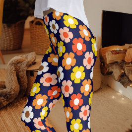 Retro Herfst Herfstbloemen Patroon Blauw Leggings