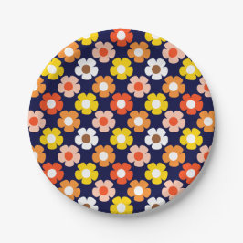 Retro Herfst Herfstbloemen Patroon Blauw Papieren Bordje