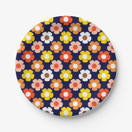 Retro Herfst Herfstbloemen Patroon Blauw Papieren Bordje (Voorkant)