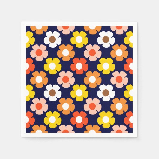Retro Herfst Herfstbloemen Patroon Blauw Servet (Voorkant)