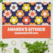 Retro Herfst Herfstbloemen Patroon Blauw Theedoek (Gevouwen)