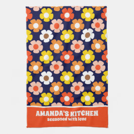 Retro Herfst Herfstbloemen Patroon Blauw Theedoek